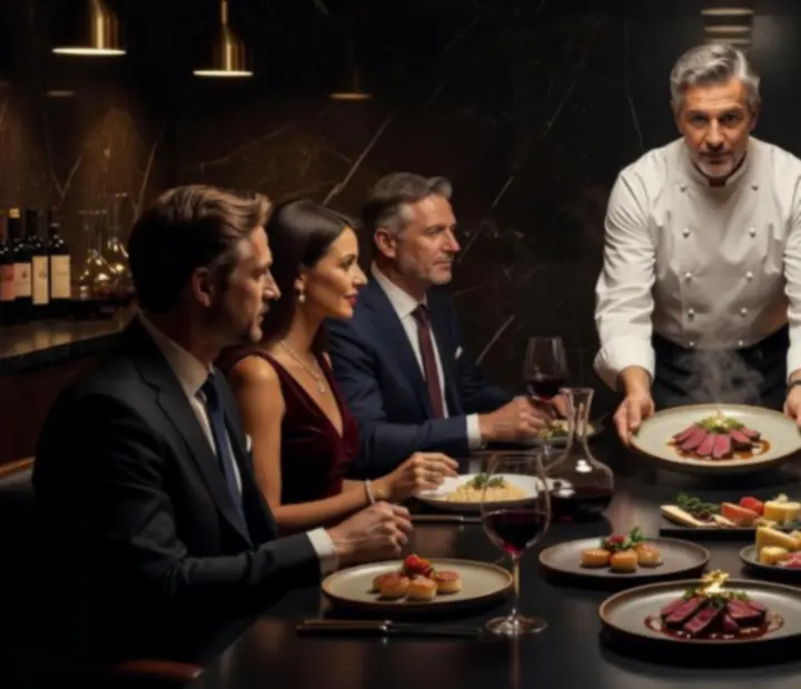 Chef's Table vacsora borkóstolóval elegáns, halványan megvilágított privát térben