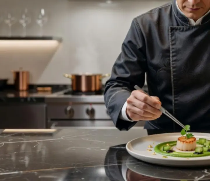 Séf elegáns fine dining fogást tálal arany fényekkel megvilágított konyhában