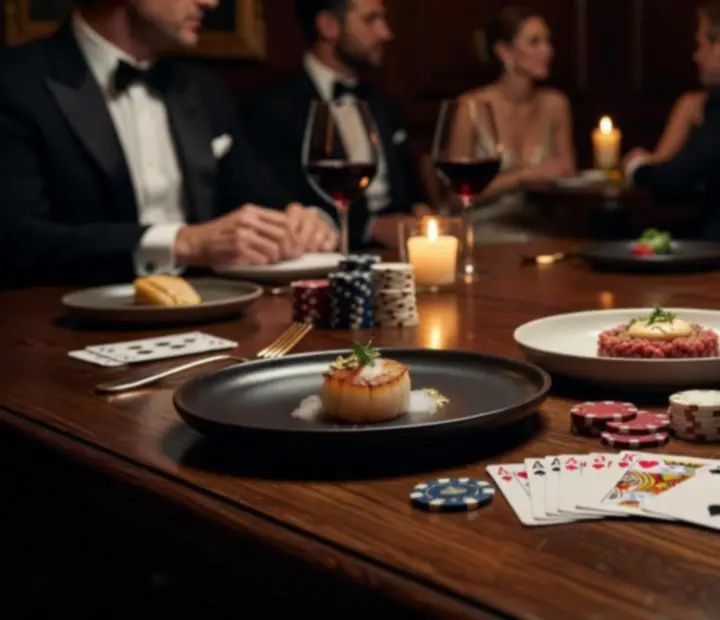 Gourmet fogásokkal és elegáns pókerasztalokkal berendezett éttermi tér