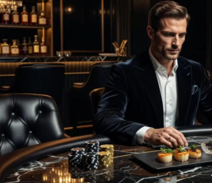 Luxus életstílus: fine dining fogás, prémium ital és pókerkártyák egy elegáns asztalon