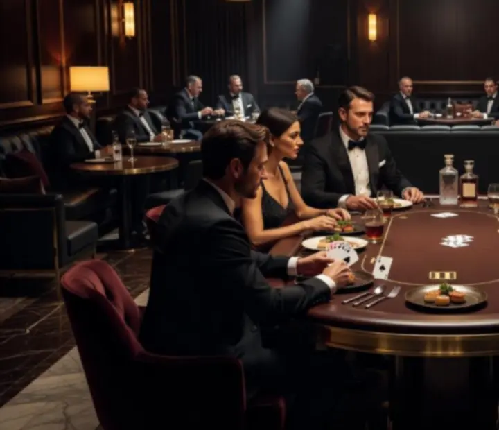 Cinematic hangulatú, luxus étterem és offline pókerasztalok sötét, elegáns fényekben