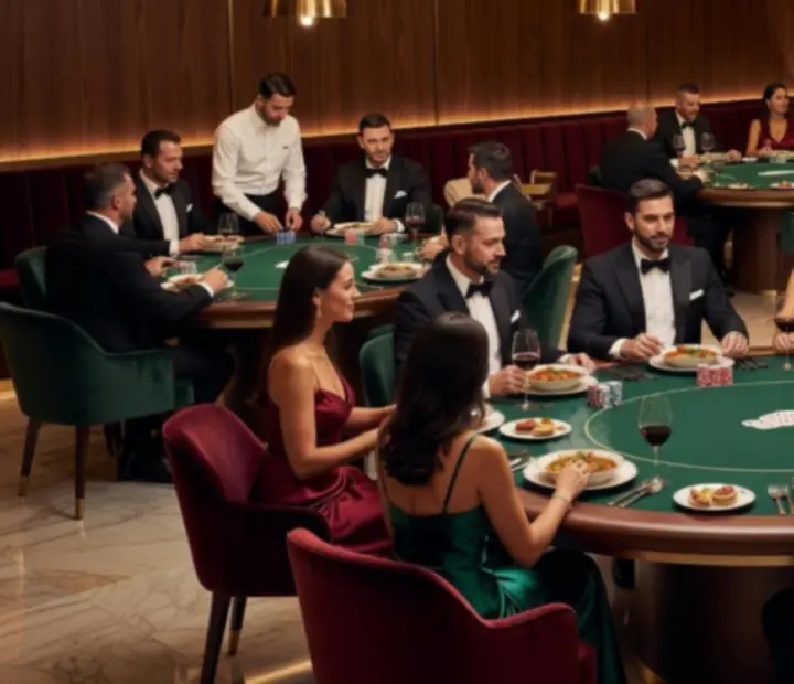 Luxus budapesti étterem pókerasztalokkal, gourmet fogásokkal és elegáns vendégekkel